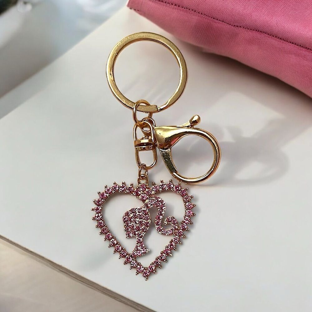 Barbie Pink Rhinestone Heart Gold Tone Keychain Bag Charm